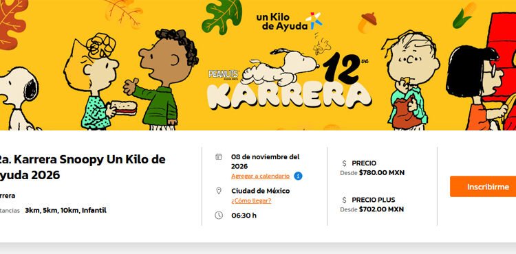 ¡Inscripciones abiertas para la 12ª Karrera Un Kilo de Ayuda con Snoopy y sus amigos! Una karrera con causa que impulsa el desarrollo de la niñez en México